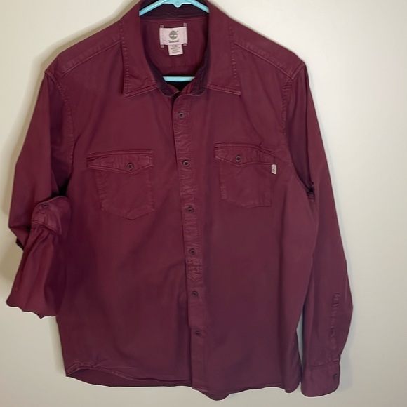 TIMBERLAND Men’s Burgundy 100% Cotton Button Up Work Shirt Size Large - Picture 1 of 11